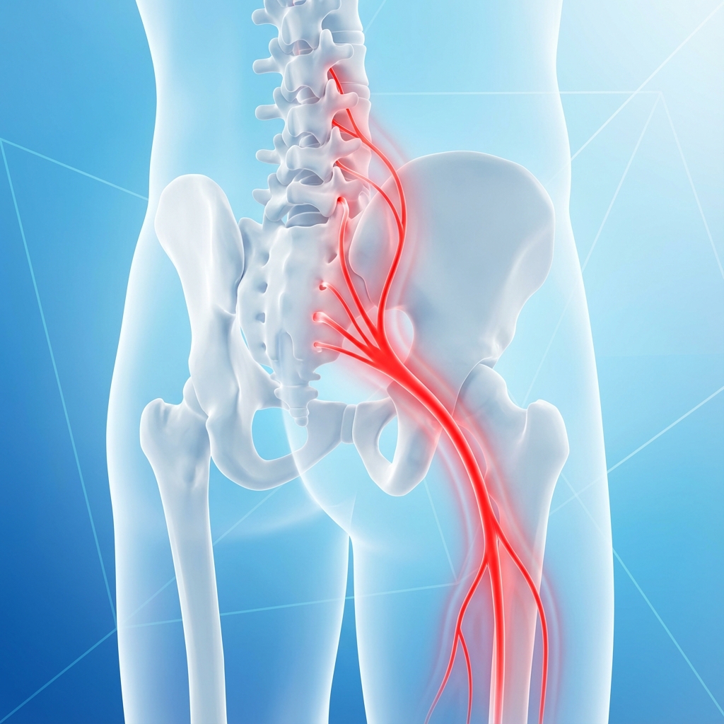 Medical diagram showing inflamed sciatic nerve